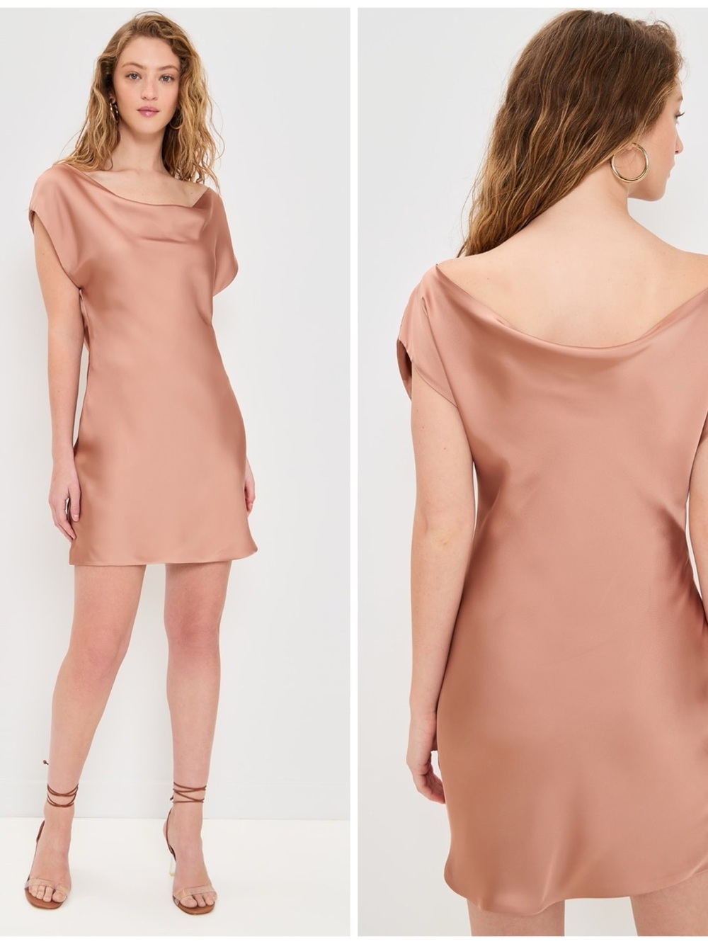 NWT Norma Kamali Cap Sleeve Maria Mini Satin Short Dress Cappuccino Sz M
